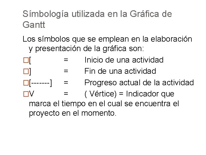 Símbología utilizada en la Gráfica de Gantt Los símbolos que se emplean en la