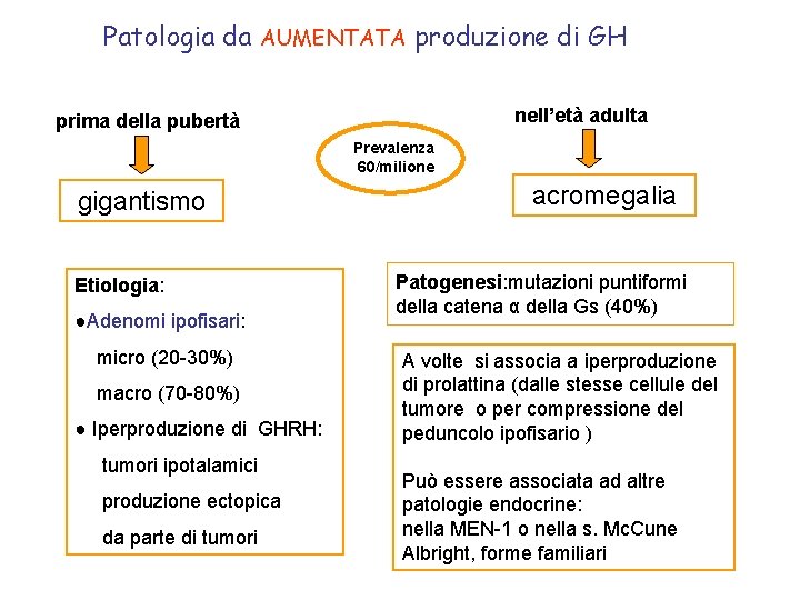 Patologia da AUMENTATA produzione di GH nell’età adulta prima della pubertà Prevalenza 60/milione gigantismo
