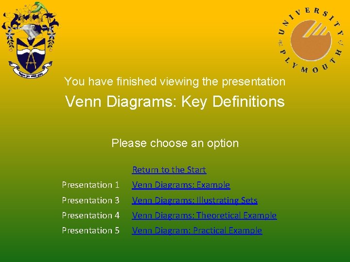 You have finished viewing the presentation Venn Diagrams: Key Definitions Please choose an option You have finished viewing the presentation Venn Diagrams: Key Definitions Please choose an option