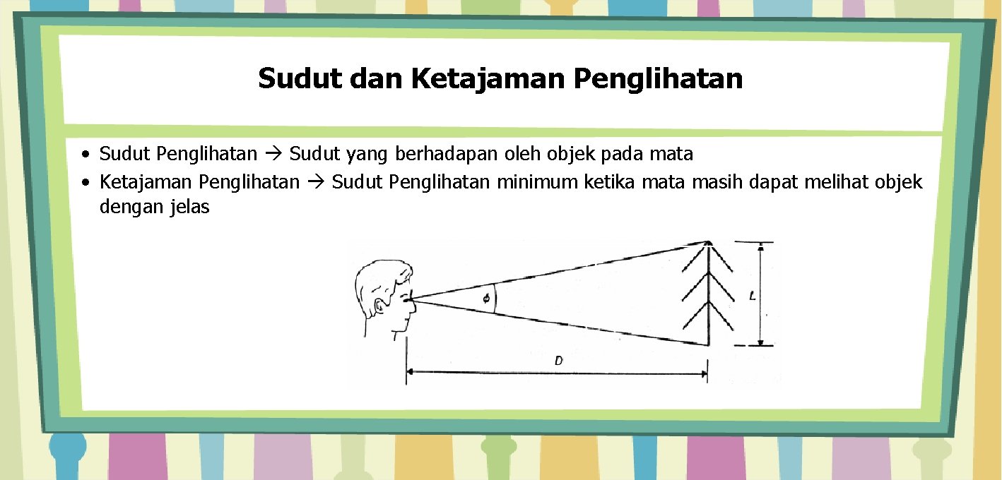 Sudut dan Ketajaman Penglihatan • Sudut Penglihatan Sudut yang berhadapan oleh objek pada mata