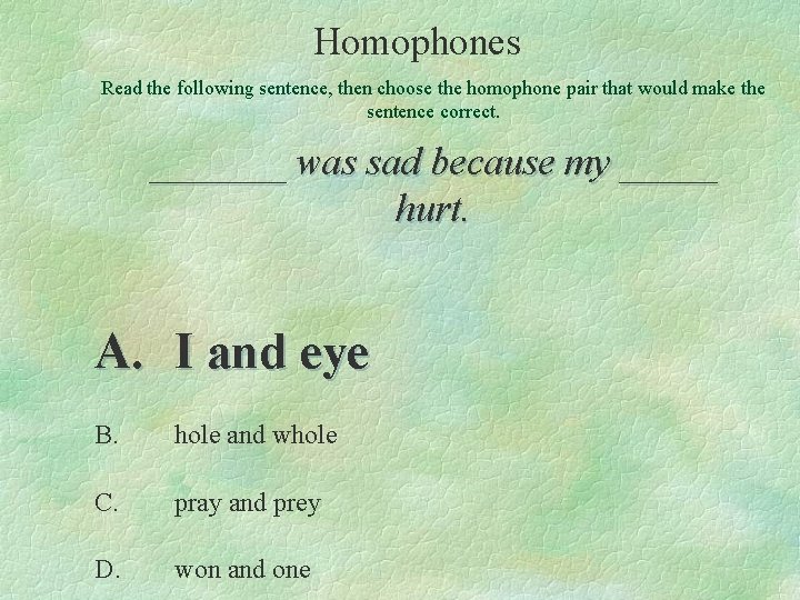 Homophones Read the following sentence, then choose the homophone pair that would make the