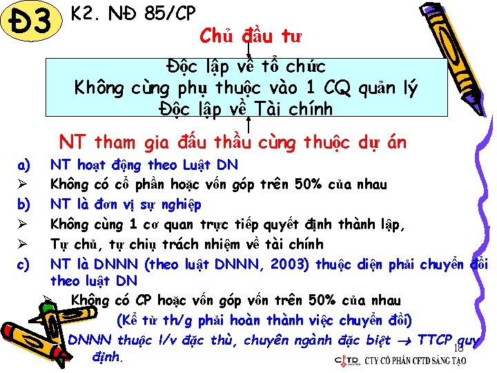 Đ 3 K 2. NĐ 85/CP Chủ đầu tư Độc lập về tổ chức