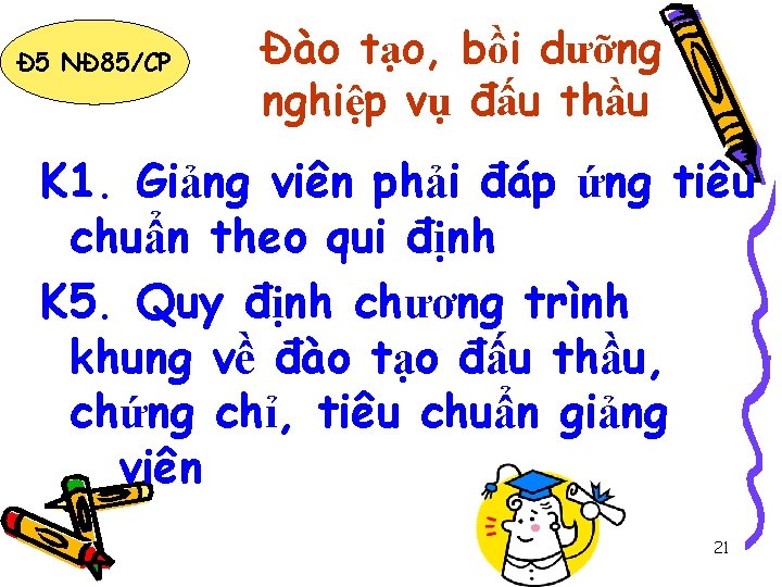 Đ 5 NĐ 85/CP Đào tạo, bồi dưỡng nghiệp vụ đấu thầu K 1.