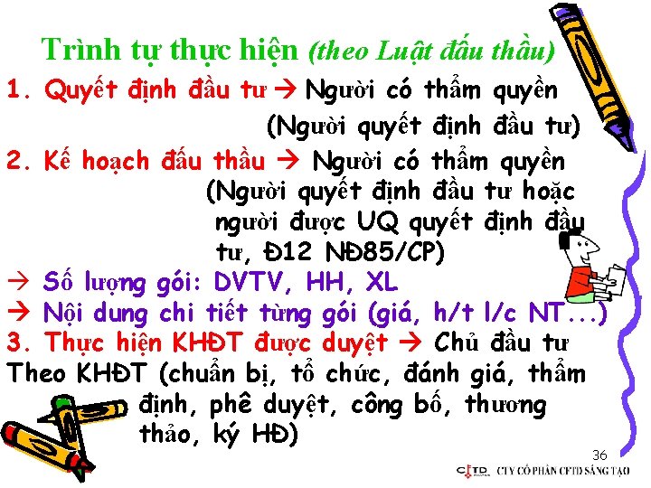 Trình tự thực hiện (theo Luật đấu thầu) 1. Quyết định đầu tư Người