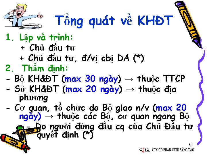 Tổng quát về KHĐT 1. Lập và trình: + Chủ đầu tư, đ/vị cbị