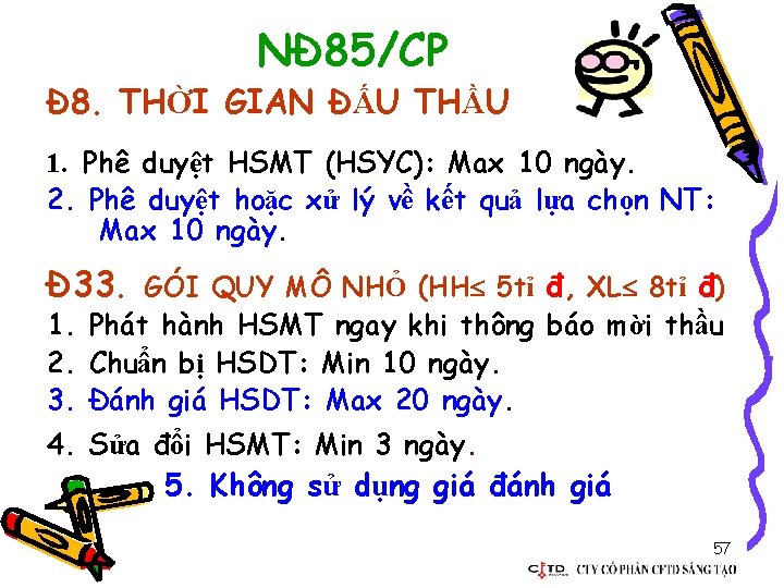 NĐ 85/CP Đ 8. THỜI GIAN ĐẤU THẦU 1. Phê duyệt HSMT (HSYC): Max