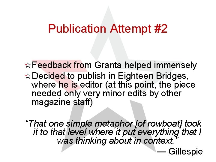 Publication Attempt #2 Feedback from Granta helped immensely Decided to publish in Eighteen Bridges,
