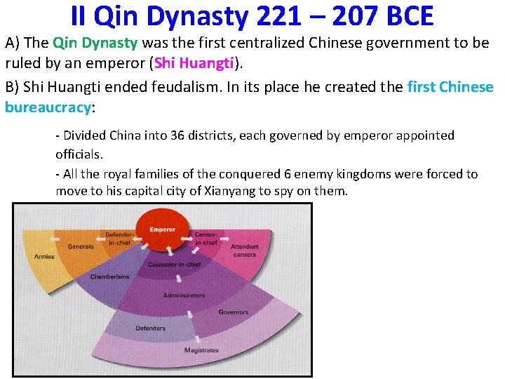 II Qin Dynasty 221 – 207 BCE A) The Qin Dynasty was the first