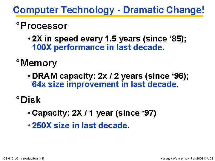 Computer Technology - Dramatic Change! ° Processor • 2 X in speed every 1.