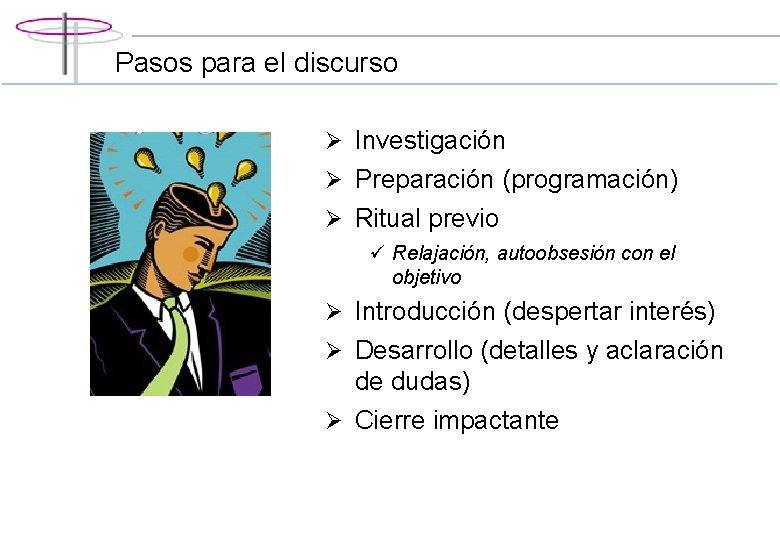 Pasos para el discurso Ø Investigación Ø Preparación (programación) Ø Ritual previo ü Relajación,