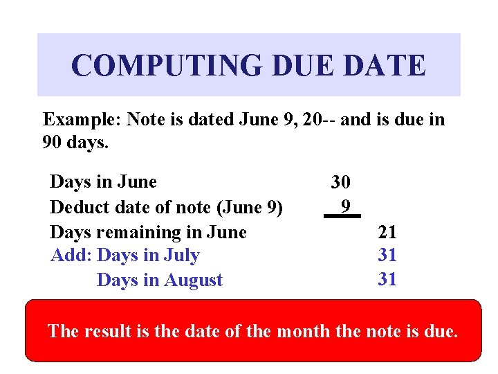 COMPUTING DUE DATE Example: Note is dated June 9, 20 -- and is due