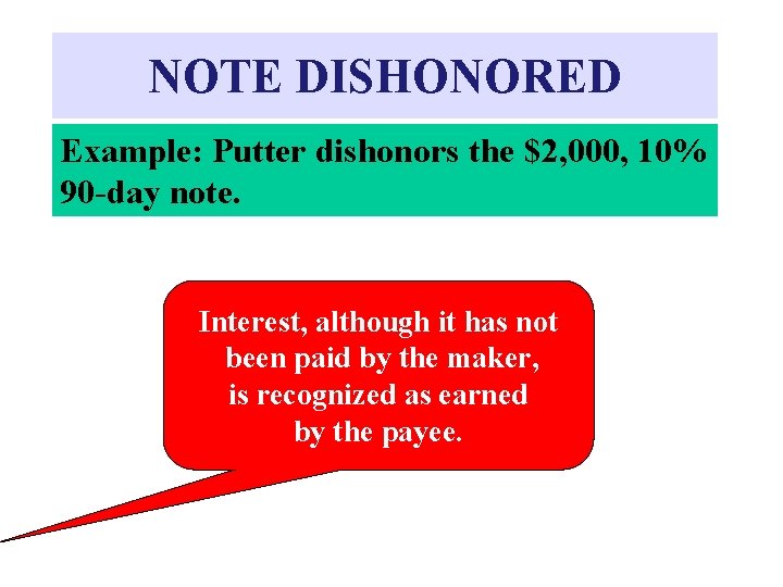 NOTE DISHONORED Example: Putter dishonors the $2, 000, 10% 90 -day note. Interest, although