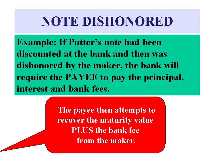 NOTE DISHONORED Example: If Putter’s note had been discounted at the bank and then