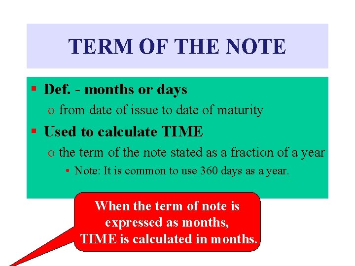 TERM OF THE NOTE § Def. - months or days o from date of