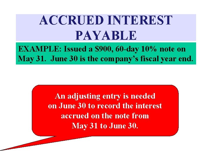 ACCRUED INTEREST PAYABLE EXAMPLE: Issued a $900, 60 -day 10% note on May 31.