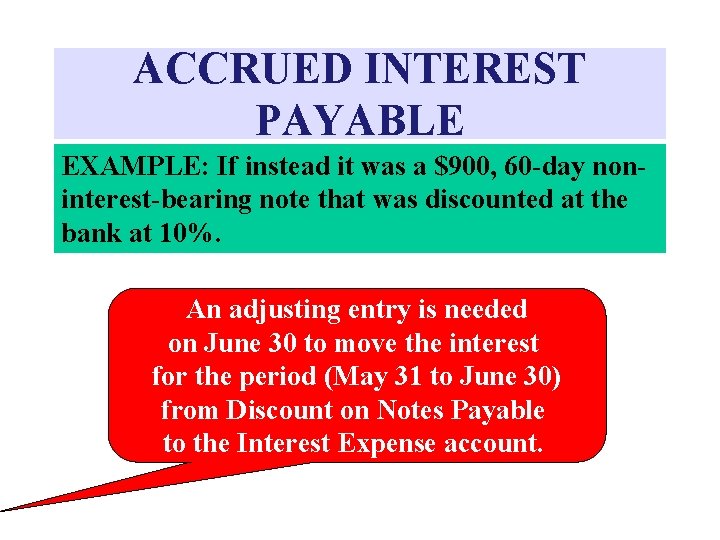 ACCRUED INTEREST PAYABLE EXAMPLE: If instead it was a $900, 60 -day noninterest-bearing note