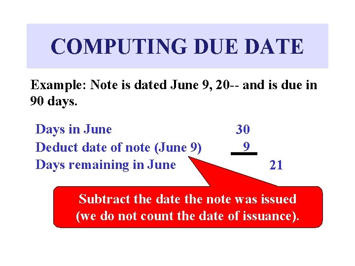 COMPUTING DUE DATE Example: Note is dated June 9, 20 -- and is due