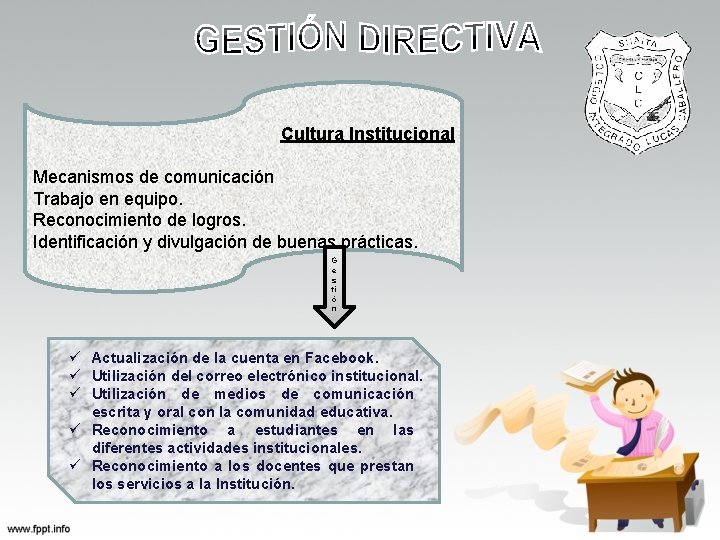 Cultura Institucional Mecanismos de comunicación Trabajo en equipo. Reconocimiento de logros. Identificación y divulgación