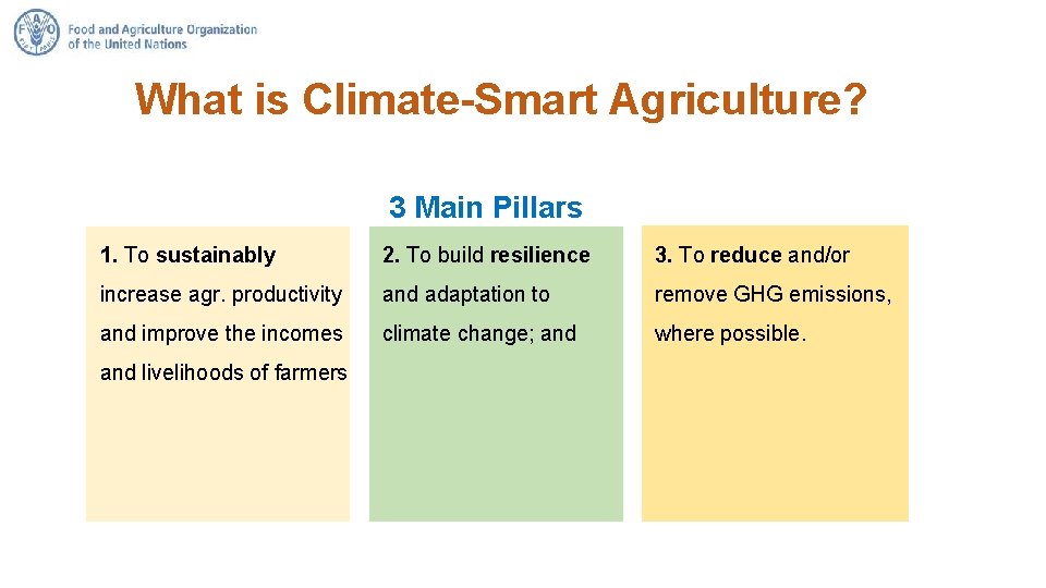 What is Climate-Smart Agriculture? 3 Main Pillars 1. To sustainably 2. To build resilience