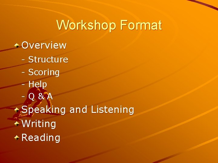 Workshop Format Overview - Structure - Scoring - Help - Q & A Speaking