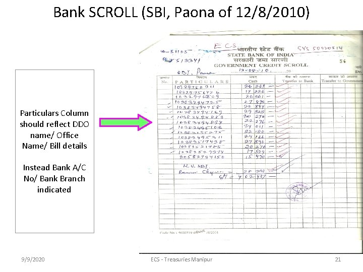 Bank SCROLL (SBI, Paona of 12/8/2010) Particulars Column should reflect DDO name/ Office Name/