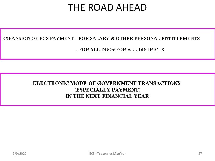 THE ROAD AHEAD EXPANSION OF ECS PAYMENT – FOR SALARY & OTHER PERSONAL ENTITLEMENTS