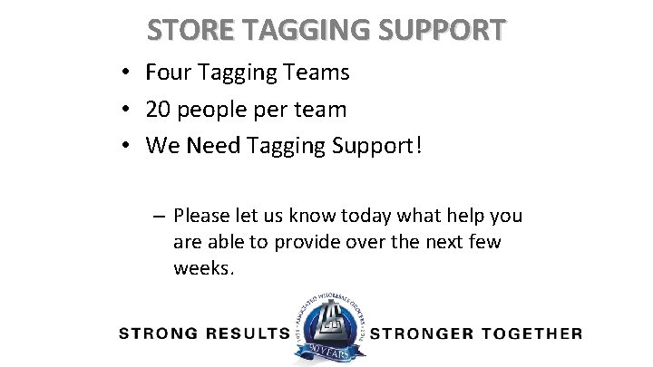 STORE TAGGING SUPPORT • Four Tagging Teams • 20 people per team • We