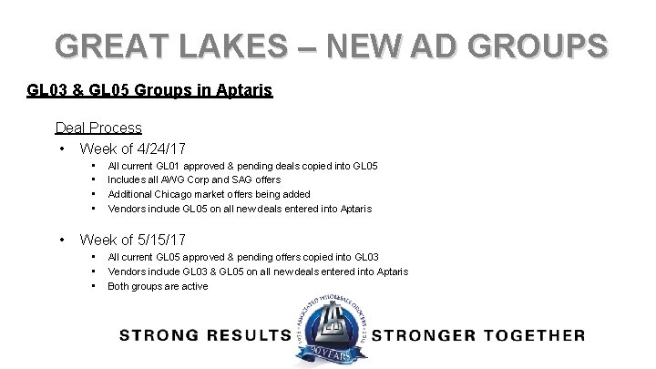 GREAT LAKES – NEW AD GROUPS GL 03 & GL 05 Groups in Aptaris