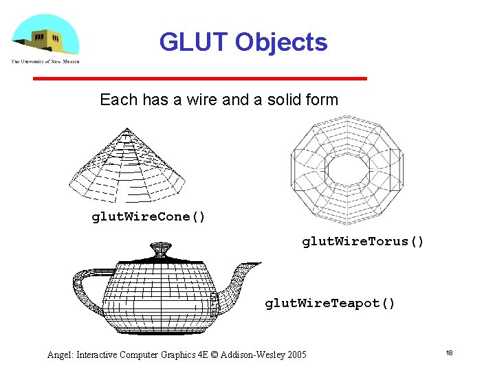 GLUT Objects Each has a wire and a solid form glut. Wire. Cone() glut. GLUT Objects Each has a wire and a solid form glut. Wire. Cone() glut.