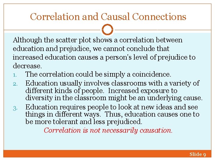 Correlation and Causal Connections Although the scatter plot shows a correlation between education and