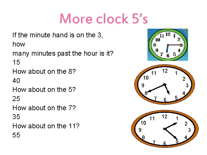 More clock 5’s If the minute hand is on the 3, how many minutes