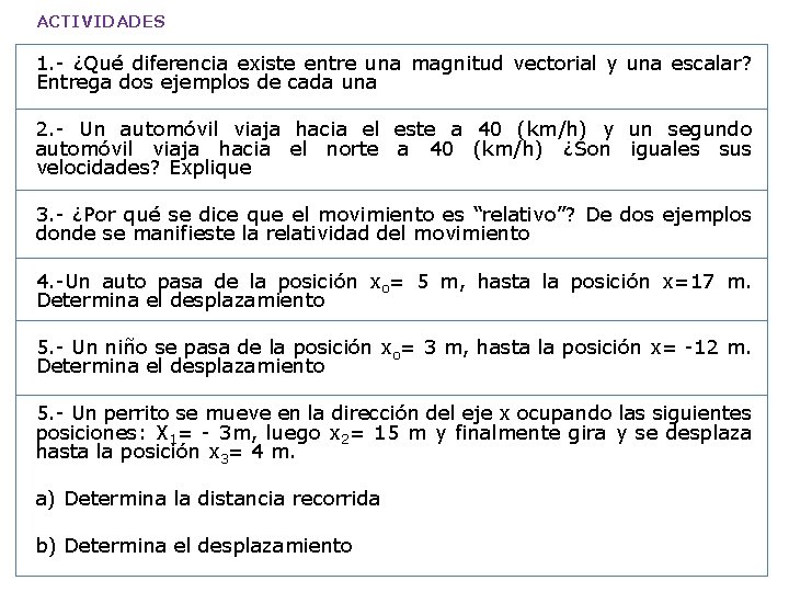 ACTIVIDADES 1. - ¿Qué diferencia existe entre una magnitud vectorial y una escalar? Entrega