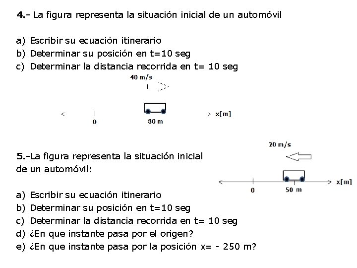 4. - La figura representa la situación inicial de un automóvil a) Escribir su