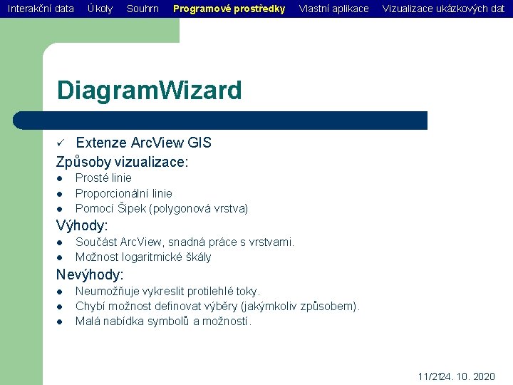 Interakční data Úkoly Souhrn Programové prostředky Vlastní aplikace Vizualizace ukázkových dat Diagram. Wizard Extenze