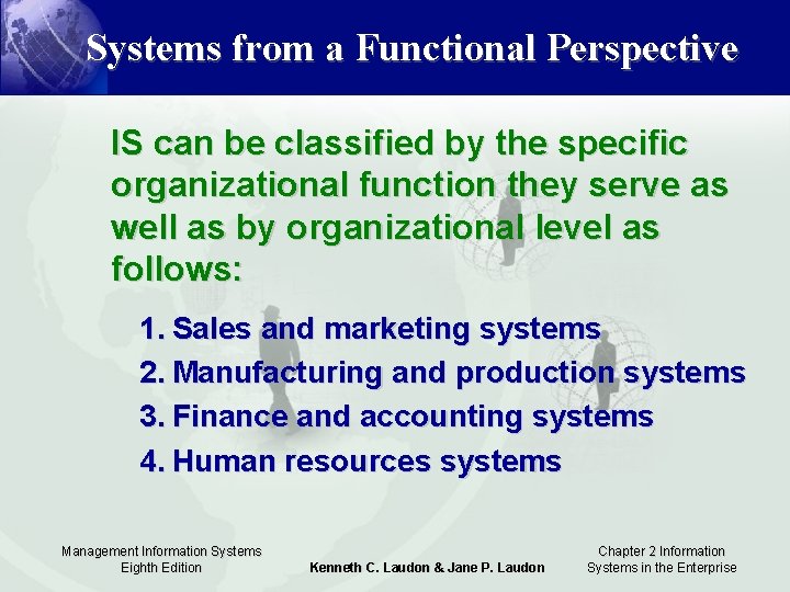 Systems from a Functional Perspective IS can be classified by the specific organizational function