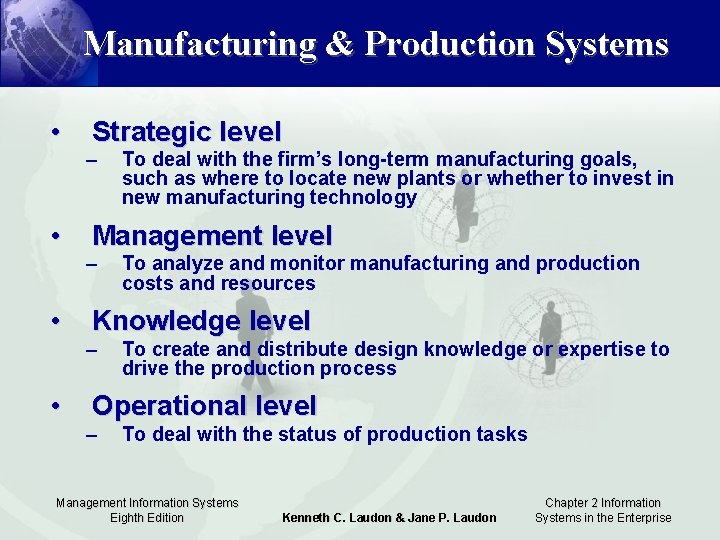 Manufacturing & Production Systems • • Strategic level – To deal with the firm’s