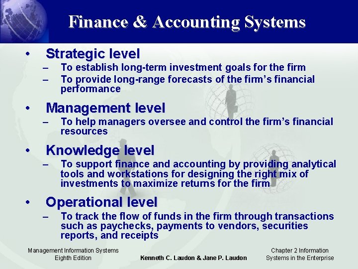 Finance & Accounting Systems • • Strategic level – – To establish long-term investment