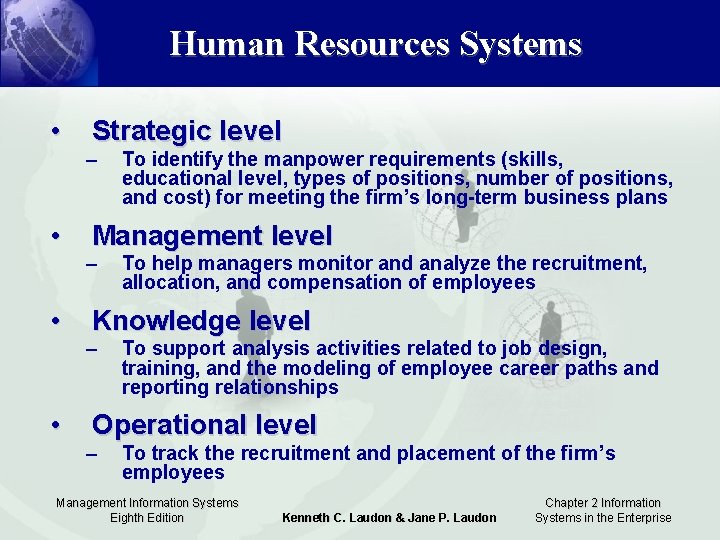 Human Resources Systems • • Strategic level – To identify the manpower requirements (skills,