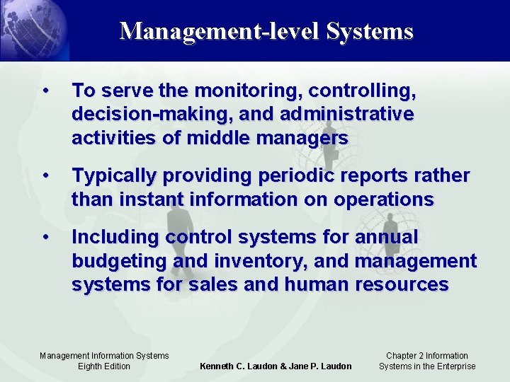 Management-level Systems • To serve the monitoring, controlling, decision-making, and administrative activities of middle