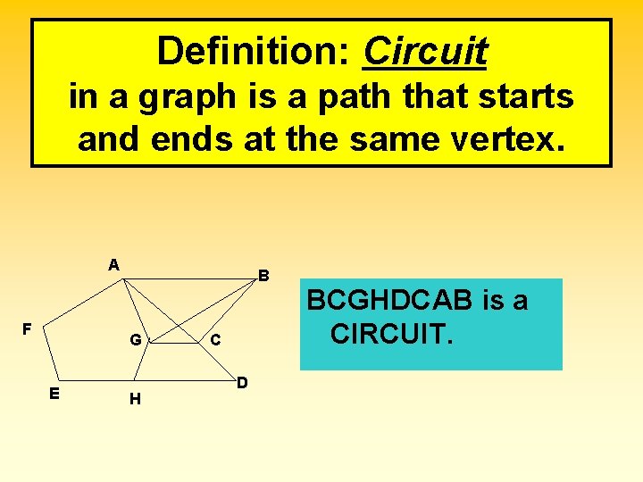 Definition: Circuit in a graph is a path that starts and ends at the