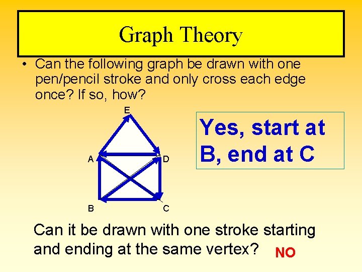 Graph Theory • Can the following graph be drawn with one pen/pencil stroke and