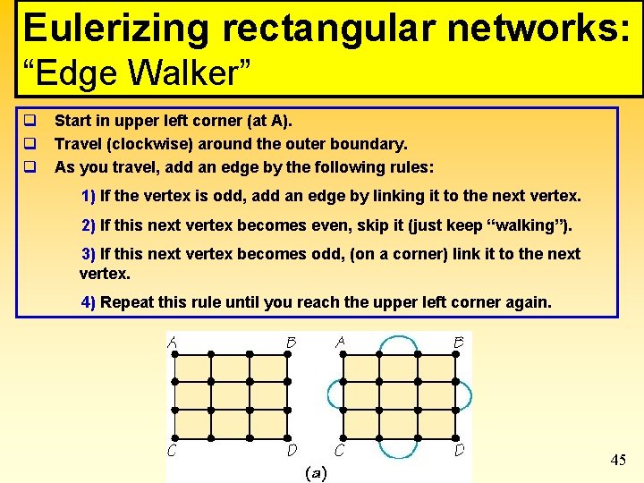 Eulerizing rectangular networks: “Edge Walker” q q q Start in upper left corner (at