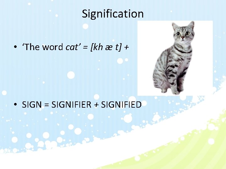 Signification • ‘The word cat’ = [kh æ t] + • SIGN = SIGNIFIER
