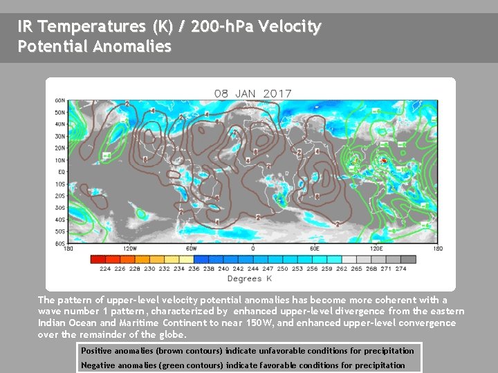 IR Temperatures (K) / 200 -h. Pa Velocity Potential Anomalies The pattern of upper-level