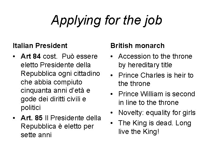 Applying for the job Italian President British monarch • Art 84 cost. Può essere Applying for the job Italian President British monarch • Art 84 cost. Può essere