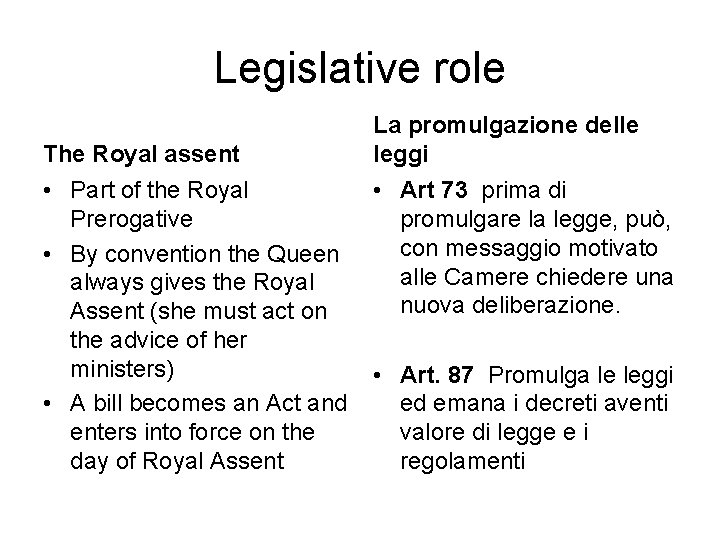 Legislative role The Royal assent • Part of the Royal Prerogative • By convention Legislative role The Royal assent • Part of the Royal Prerogative • By convention