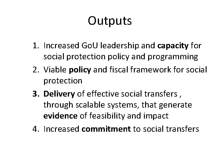 Outputs 1. Increased Go. U leadership and capacity for social protection policy and programming