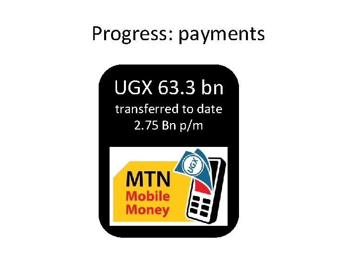 Progress: payments UGX 63. 3 bn transferred to date 2. 75 Bn p/m 