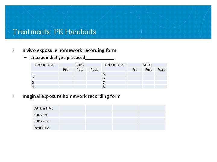 Treatments: PE Handouts • In vivo exposure homework recording form – Situation that you Treatments: PE Handouts • In vivo exposure homework recording form – Situation that you