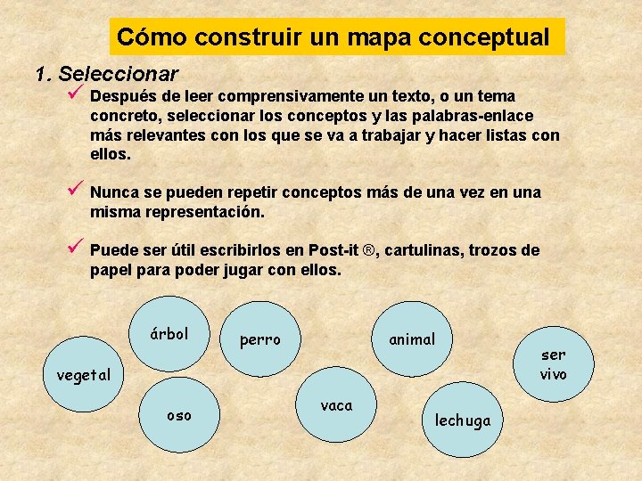Cómo construir un mapa conceptual 1. Seleccionar ü Después de leer comprensivamente un texto,